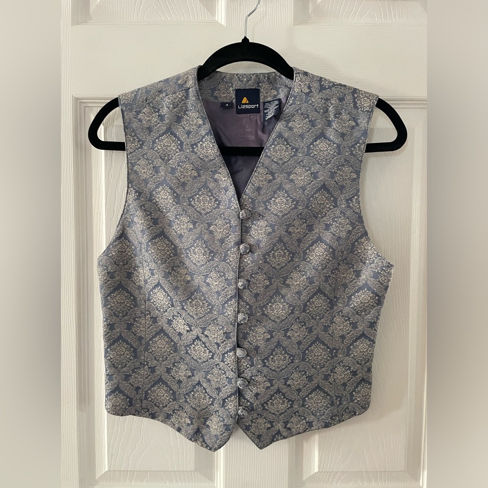 Liz-Sport Womens Silver Blue Brocade Vest - Classic Dressy Layer